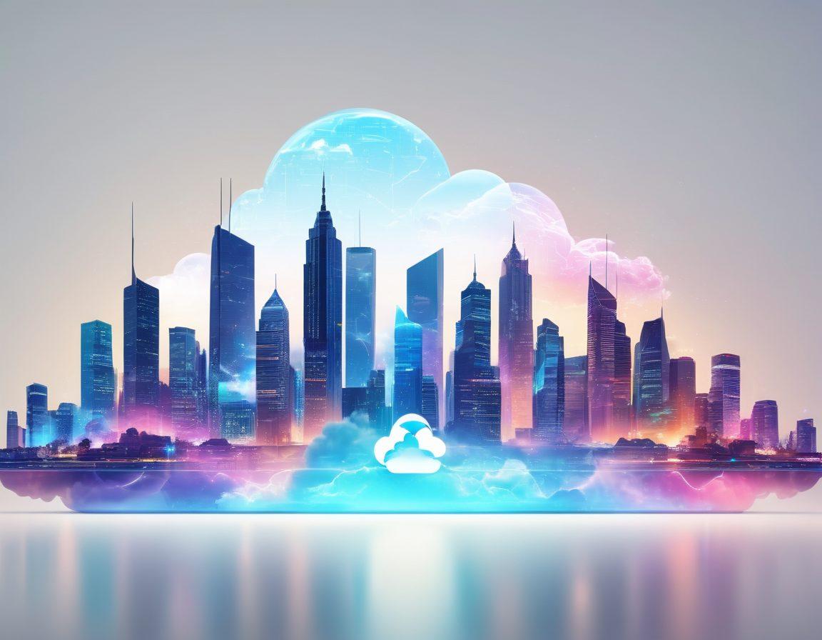 A futuristic cityscape blended with modern technology icons, featuring servers, cloud computing, and people collaborating harmoniously. Montecastelo's logo subtly integrated into holograms or tech devices, with a glowing skyline that signifies progress and innovation. super-realistic. vibrant colors. white background.