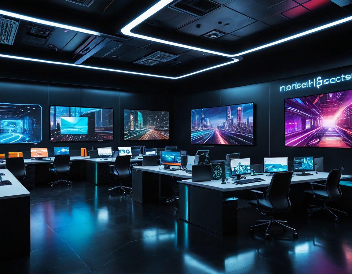 A futuristic digital landscape with interconnected devices, sleek user interfaces, and vibrant data streams flowing between them. Montecastelo's logo prominently displayed as a beacon of innovation. Diverse professionals collaborating via holograms, symbolizing advanced online solutions. High-tech office with digital screens and dynamic charts. cyberpunk style. vibrant colors.