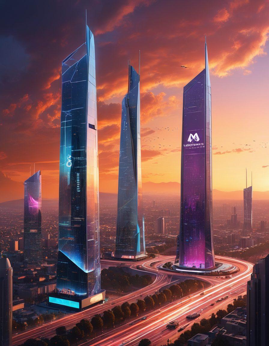 A futuristic cityscape with sleek skyscrapers adorned with digital billboards displaying Montecastelo's logo, interconnected by glowing data streams. Hovering drones and holographic interfaces highlight cutting-edge technology, while diverse people engage with advanced digital services. A radiant sunrise signifies a brighter tomorrow. super-realistic. vibrant colors. science fiction style.